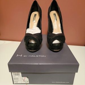 7.5 Black Suede Peep Toe Pumps